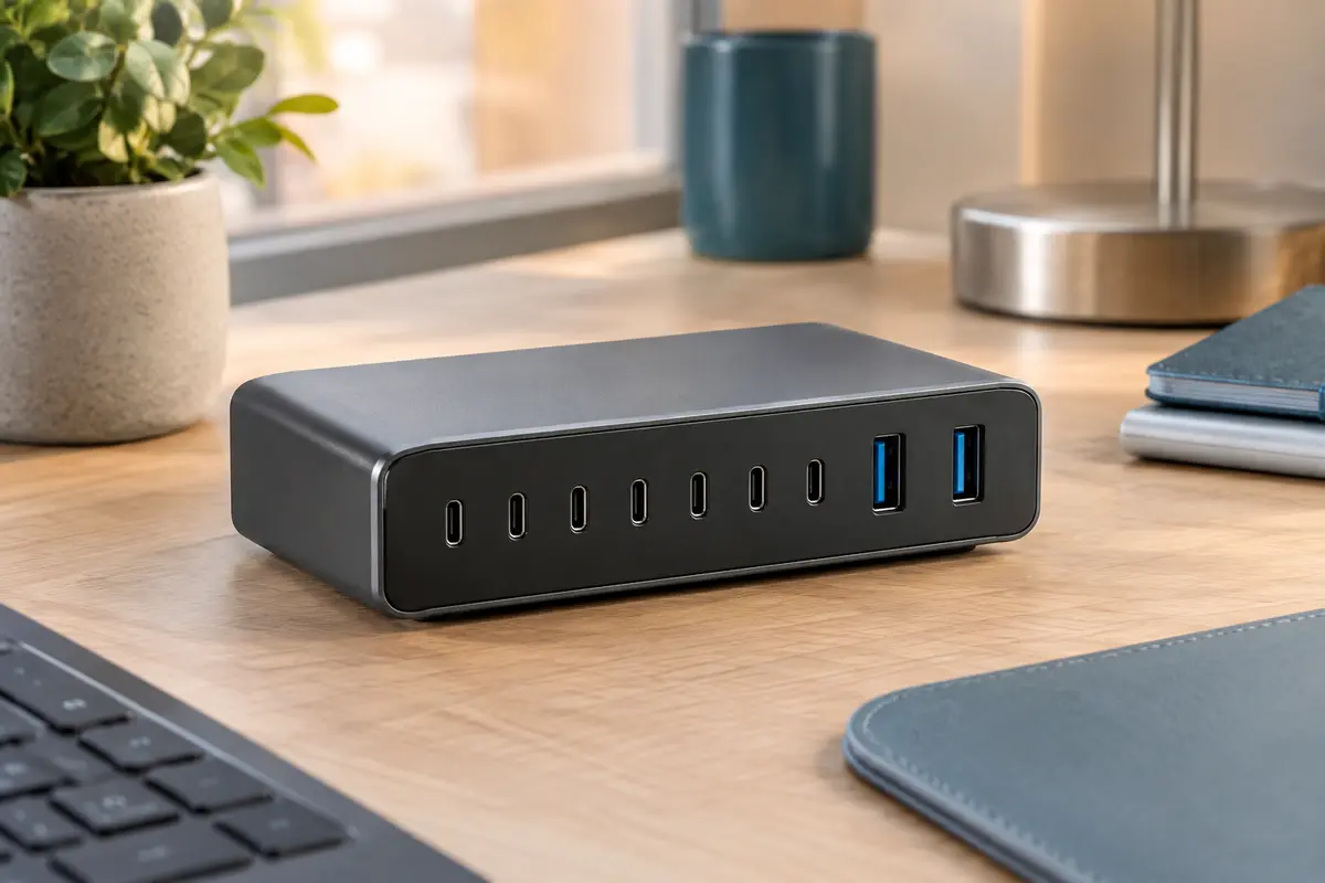 Station de charge Ugreen noire à huit ports USB-C et USB-A posée sur un bureau en bois clair.
