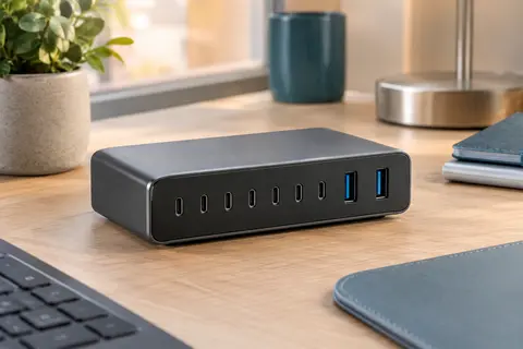Station de charge Ugreen noire à huit ports USB-C et USB-A posée sur un bureau en bois clair.