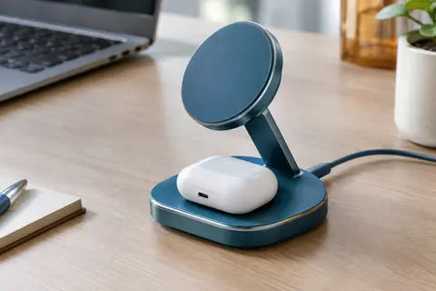 Station de charge Ugreen bleue avec support magnétique incliné pour iPhone et base dédiée aux AirPods