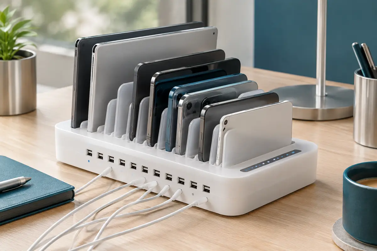 Station de charge USB-A blanche à dix ports avec séparateurs amovibles, posée sur un bureau en bois clair.