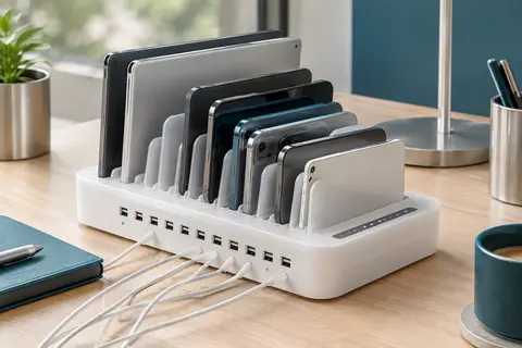 Station de charge USB-A blanche à dix ports avec séparateurs amovibles, posée sur un bureau en bois clair.