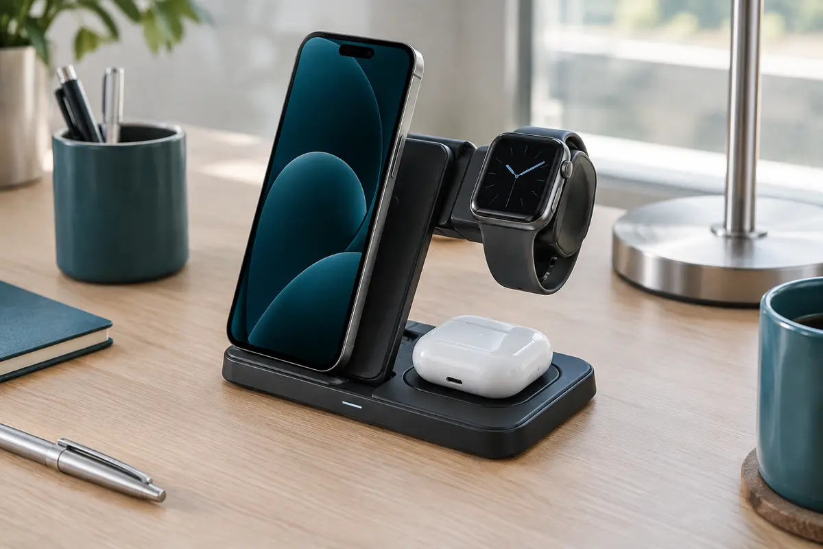 Station de charge noire pliable avec un téléphone, une montre et des écouteurs sur leurs zones de recharge