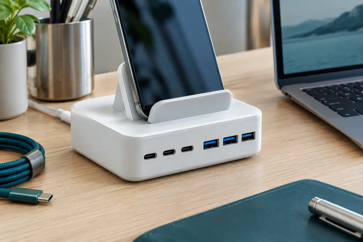 Station de charge blanche à six ports USB, avec support intégré, posée sur un bureau en bois clair.