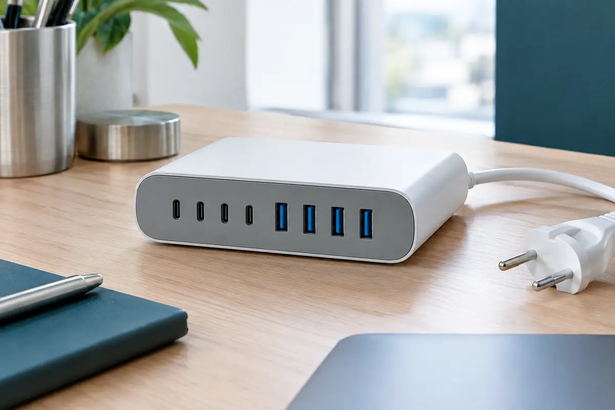 Station de charge Wukur avec huit ports USB-C et USB-A, câble blanc, posée sur un bureau