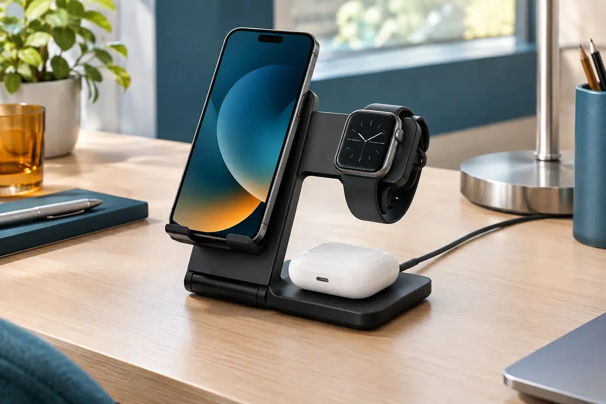 Station de charge pliable noire avec un iPhone, une Apple Watch et des AirPods sur un bureau