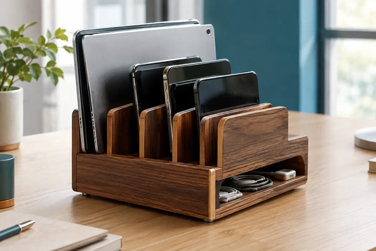 Organiseur de charge XPhonew en bambou ton palissandre posé sur un bureau avec ses compartiments et câbles