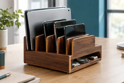 Organiseur de charge XPhonew en bambou ton palissandre posé sur un bureau avec ses compartiments et câbles