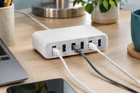 Station de charge blanche à six ports USB-A posée sur un bureau en bois clair.