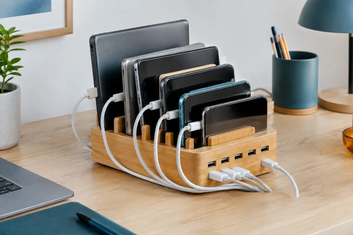 Station de charge Yisen en bambou avec cinq ports USB et séparateurs pour organiser plusieurs appareils.