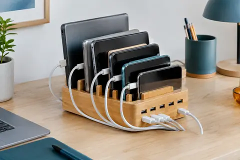 Station de charge Yisen en bambou avec cinq ports USB et séparateurs pour organiser plusieurs appareils.