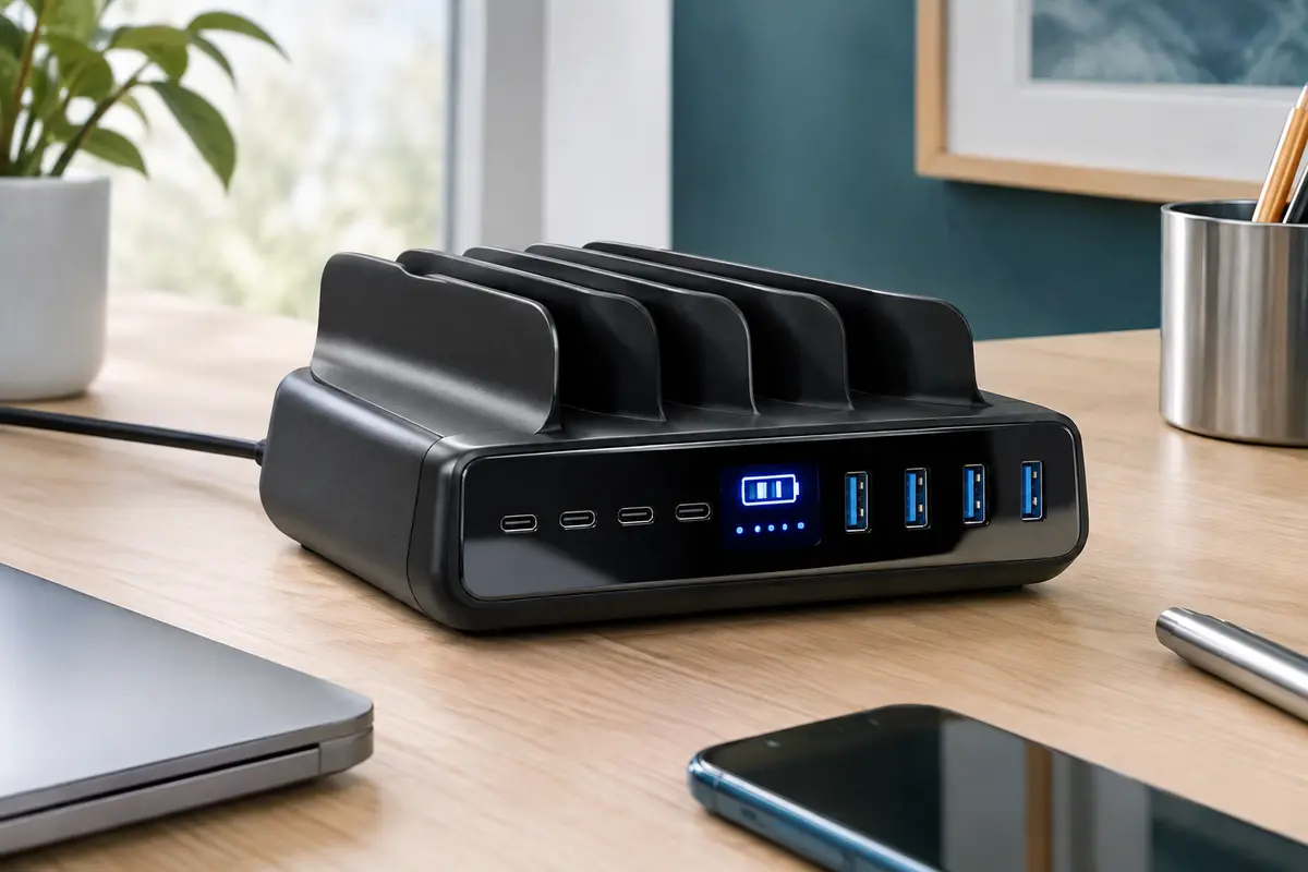 Station de charge noire à huit ports avec écran LED posée sur un bureau en bois clair