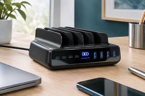 Station de charge noire à huit ports avec écran LED posée sur un bureau en bois clair