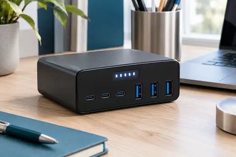 Station de charge noire à six ports USB-C et USB-A avec écran LED, posée sur un bureau en bois clair.
