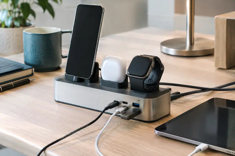 Détail d’une station de charge et de ses connectiques sur une table de travail sobre