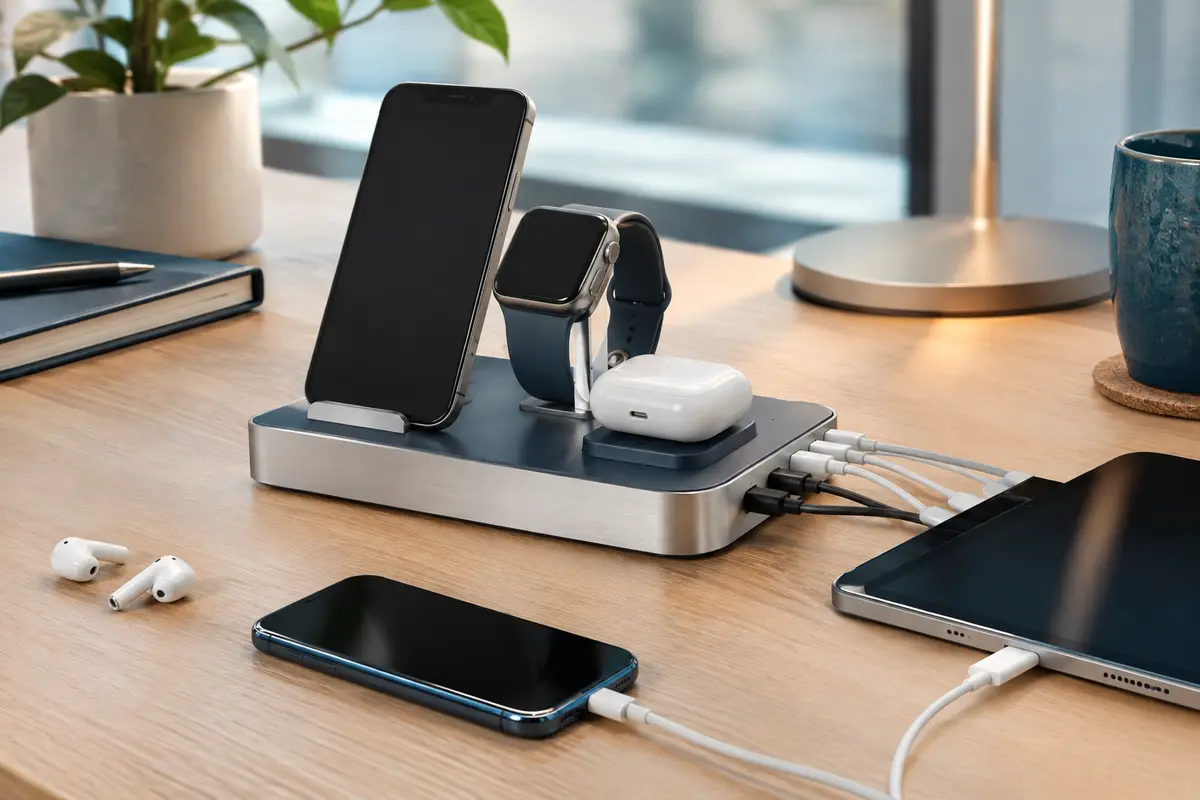 Station de charge multi-appareils installée sur un bureau clair, avec ses ports et accessoires visibles